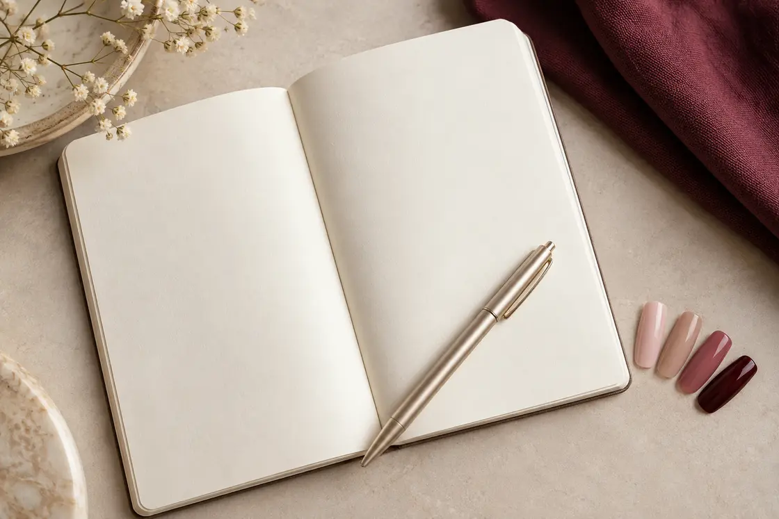 Open notebook, pen and nail swatches beside the enquiry form