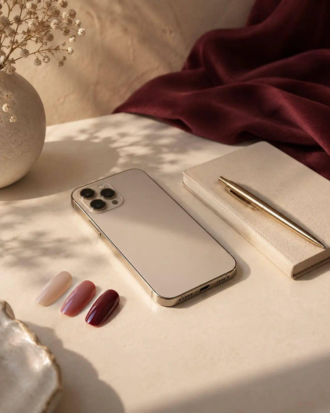 Contact-inspired still life with a phone, notebook and nail swatches